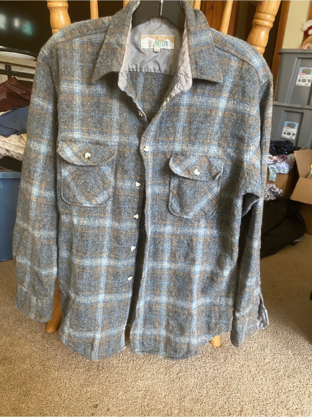 Squaw Valley Sportswear Flannel Shirt Size L Gray Blue Plaid Wool Blend